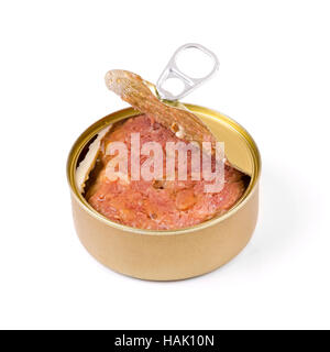 geöffnete Lebensmittel kann mit Fleisch, isoliert auf weiss Stockfoto