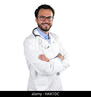 Porträt des jungen glücklich Arzt isoliert auf weiss Stockfoto