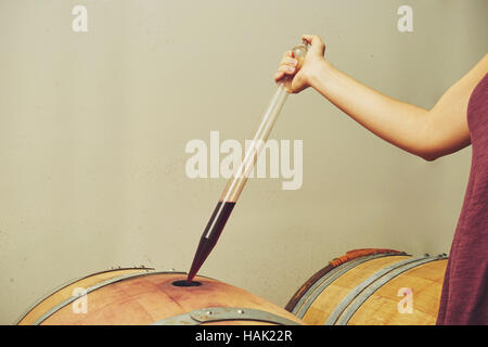 Winzer immer Probe Rotwein vom Fass Stockfoto