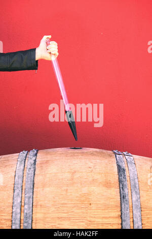 Winzer immer Probe Rotwein vom Fass Stockfoto