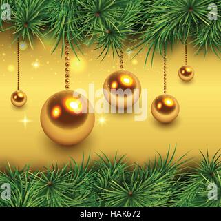 Goldene Weihnachten Hintergrund mit Tannenzweigen. Vektor-Illustration. Stock Vektor
