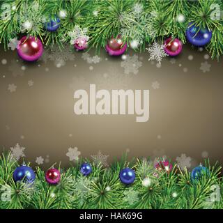 Weihnachten Hintergrund mit Tannenzweigen, Schneeflocken und Kugeln. Vektor-Illustration. Stock Vektor