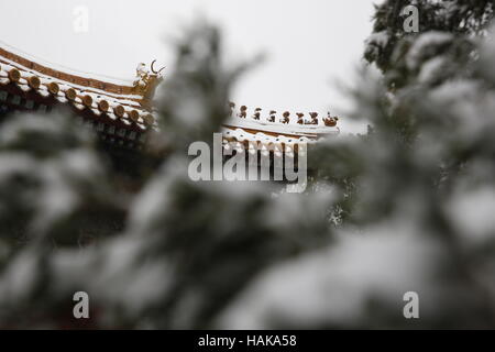China, Peking. Schneebedeckte Forbidden City Palace Museum zum UNESCO-Weltkulturerbe Stockfoto