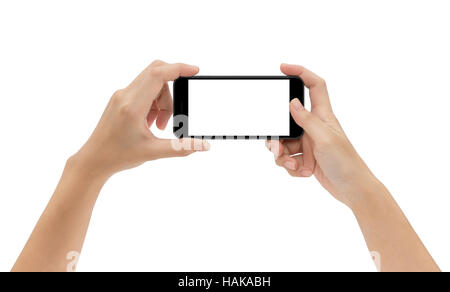 Hand hält Telefon isoliert auf weißem Hintergrund, Mock-up Smartphone-Matte schwarze Farbe Stockfoto