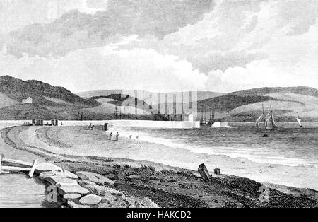 Eine Gravur der Swansea Bay und Pier mit hoher Auflösung aus einem Buch gescannt gedruckt im Jahre 1812. Kostenlos copyright geglaubt. Stockfoto