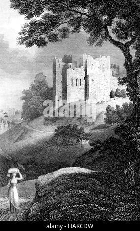 Eine Gravur von Ludlow Castle in hoher Auflösung aus einem Buch gescannt gedruckt im Jahre 1812. Kostenlos copyright geglaubt. Stockfoto