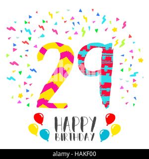Alles Gute zum Geburtstag Nummer 29, Grußkarte für neunundzwanzig Jahre in lustigen Kunst Stil mit Party-Konfetti. Geburtstag Einladung, herzlichen Glückwunsch Stock Vektor