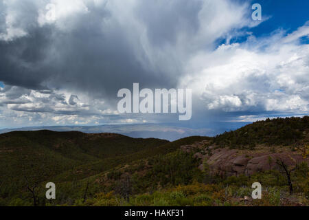 Regenschauer fallen über die Wüste Hochgebirge der Mazatzal Mountains. Mazatzal Wildnis, Arizona Stockfoto