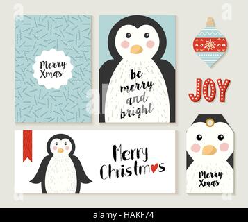 Frohe Weihnachtsgrußkarte set mit niedlichen Pinguin Retro-Designs. Urlaub unter dem Motto Label, Header und Geschenk-Tags enthält. EPS10 Vektor. Stock Vektor