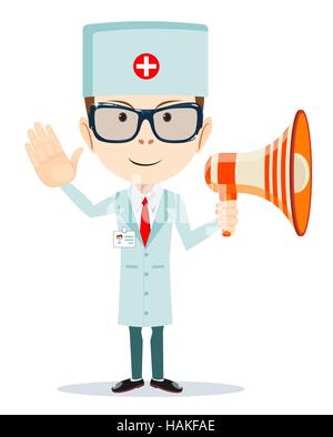 Arzt-Mann mit einem Megaphon zeigt, dass alles in Ordnung ist Stock Vektor