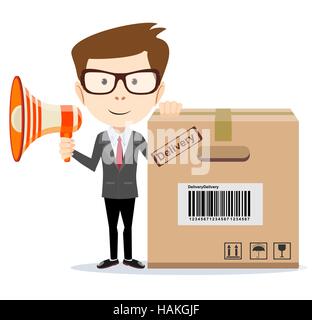 Lieferung Service-Mann mit Box und Megaphon zu abstrahieren. Stock Vektor