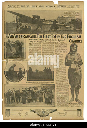 Antike Zeitungsseite, die St. Louis Star Frau Abschnitt von Sonntag, 26. Mai 1912, mit einer Geschichte über pilot Harriet Quimby. "Ein amerikanisches Mädchen erstmals den Ärmelkanal fliegen: bemerkenswerte Fotos von Harriet Quimbys Reise mit dem Flugzeug aus England nach Frankreich." Stockfoto