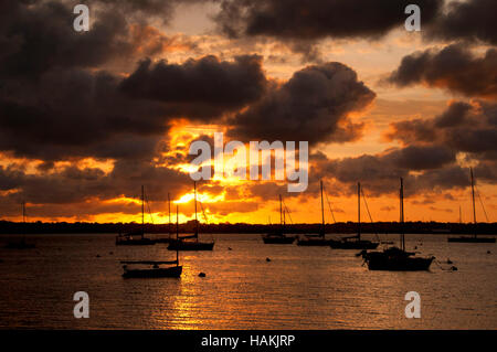 Boote-Sonnenaufgang in der Narragansett Bay, Jamestown, Rhode Island Stockfoto