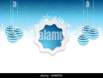 Blau weiß abstrakte Weihnachten Hintergrund mit Schneeflocken, Tannenbaum Kugeln und Label-Aufkleber. Hellen Vektor-Winter-design Stock Vektor