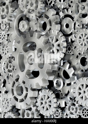 Metallgetriebe in Bewegung Hintergrund. 3D Illustration. Stockfoto
