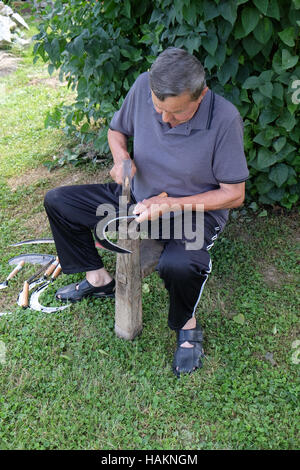 Bauer mit Hammer und Eisen-Tool auf dem Baumstumpf ist seine Sense in Nedelisce, Kroatien schärfen. Stockfoto