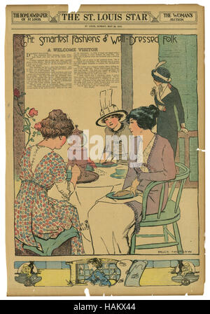 Antique Zeitungsseite, die St. Louis Star Frau Abschnitt von Sonntag, 26. Mai 1912, mit "The Smartest Moden der well-dressed Folk" mit einem fiktiven Brief beschreibt modische Gäste auf einer Party. Kunst von Helen Thurlow. Stockfoto