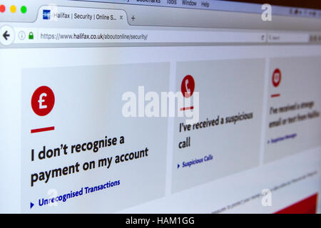 Website der Halifax Bank, nicht erkannte Transaktionen, Online-Cyber-Sicherheitswarnung auf dem Bildschirm der Banking App. Stockfoto