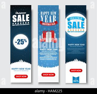 Satz von vertikalen Banner für das Weihnachtsgeschäft. Vorlagen mit Sternenhimmel, Mond, schneebedeckte Berge und Geschenkboxen. Vektor-illustration Stock Vektor