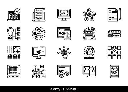 Web Entwicklung dünne Linie im Zusammenhang mit Icons Set Web-Design und Website-Anpassung auf weißem Hintergrund. Einfache Mono Linear Piktogramm streicheln Vektor Lo Stock Vektor