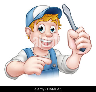 Ein Elektriker Handwerker Cartoon-Figur hält einen Schraubenzieher und zeigt Stockfoto