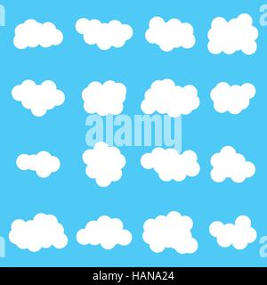 Wolke Vektor Icon set weißen Farbe auf blauem Hintergrund. Himmel flache Abbildung Sammlung für Kunst, Web, app-Design. Unterschiedlicher Natur Wolkengebilde weathe Stock Vektor