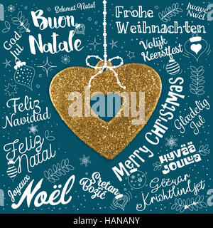 Frohe Weihnachten-Grußkarte aus Welt in verschiedenen Sprachen mit goldenen Herzen, kalligraphische Text und Schriftart handschriftlich Schriftzug Stockfoto