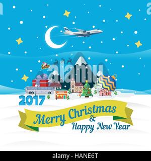 Frohe Weihnachten und Happy New Year flache Banner. Vektor-Illustration für die Website, Kalender, anzeigen, Banner. Winterlandschaft. Stock Vektor