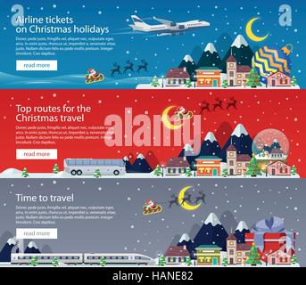 Frohe Weihnachten-Banner im flachen Stil. Reisen mit Flugzeug, Bus und Bahn. Eine kleine Stadt in Bergen. Der Winterurlaub. Stock Vektor