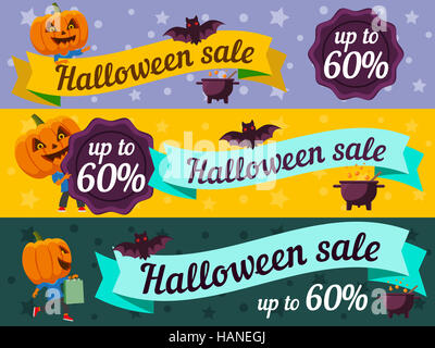 Halloween-Web Banner. Mann mit einem Kürbis Kopf flach Vektorgrafik. Lustige Halloween-Persönlichkeit. Cartoon-Vektor-Set. Stockfoto