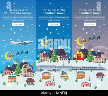 Weihnachten Reisen Banner in flachen Stil Abbildung. Vektor vertikale Banner. Stock Vektor