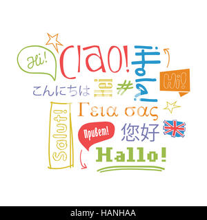 Hallo in verschiedenen Sprachen auf weißem Hintergrund. Vektor-Illustration. Stockfoto