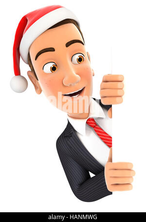 3D Geschäftsmann mit Weihnachten Hut guckt über Mauer, Illustration mit isolierten weißen Hintergrund Stockfoto