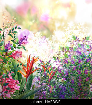 Abstrakte Aquarell Blumen. Bunte Frühlingsblumen Stockfoto