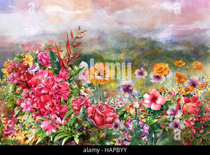 Landschaft mit bunten Blumen Aquarell-Stil. Stockfoto