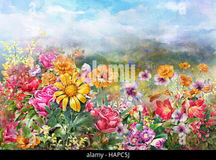Landschaft mit bunten Blumen Aquarell style.digital Malerei Stockfoto