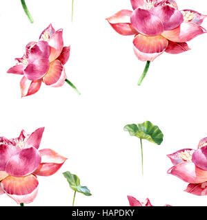 Aquarell Illustration Malerei der Blätter und Lotus, nahtlose Muster auf weißem Hintergrund Stockfoto