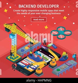 Entwicklung von mobilen Anwendungen flach isometrische 3D-Stil. Mitarbeiter am Start. Backend-Entwickler app. Stock Vektor