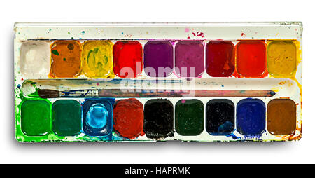 Aquarellfarben Set und Pinsel isoliert auf weißem Hintergrund Stockfoto