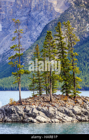 Felsige Insel im Lake Minnewanka, Banff Nationalpark, Alberta, Kanada. Stockfoto