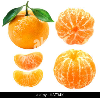 Fotogruppe der hellen Mandarine isoliert auf weißem Hintergrund Stockfoto