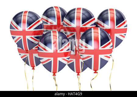 Luftballons mit Flagge von Großbritannien, Urlaub Konzept. 3D-Rendering isoliert auf weißem Hintergrund Stockfoto