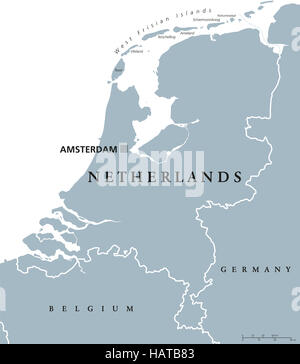 Niederlande politische Karte mit Hauptstadt Amsterdam. Holland mit Ländergrenzen und Nachbarländern. Graue Abbildung. Stockfoto