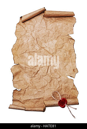 Alte Schriftrolle mit rote Siegel Wachs isoliert auf weißem Hintergrund Stockfoto