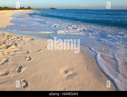 Fußabdrücke auf dem weißen Sand. Playa Sirena. Cayo Largo. Kuba. Stockfoto