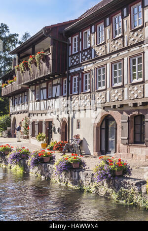 Fachwerkhaus am Ufer eines Baches Stockfoto