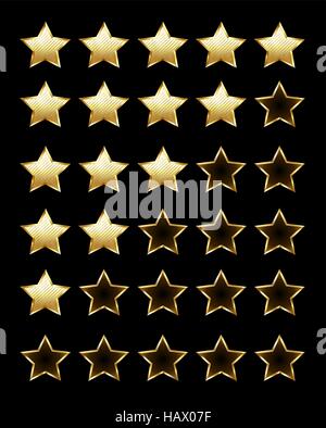 Golden glänzende Bewertungssterne auf einem schwarzen Hintergrund. Design mit goldenen Sternen. Stock Vektor