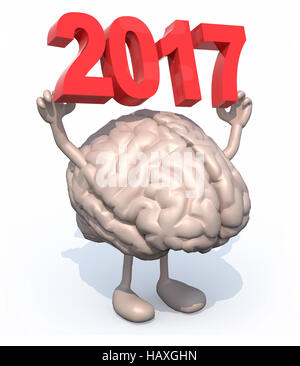 Gehirn mit Armen, Beinen und der 3D Inschrift 2017, 3d illustration Stockfoto