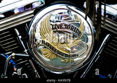 Ein "Live to Ride" Emblem auf einer Harley Davidson Motorrad-Motor Stockfoto