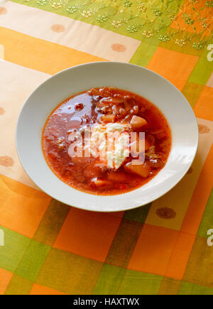 Einfache traditionelle hausgemachte rote ukrainischen Borschtsch mit Smetana Sahne in einem weißem Porzellanteller Stockfoto